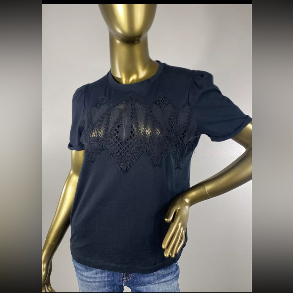 Maje Black  Lace-Inset  Teeshirt Top Size 1 ( S) Cotton